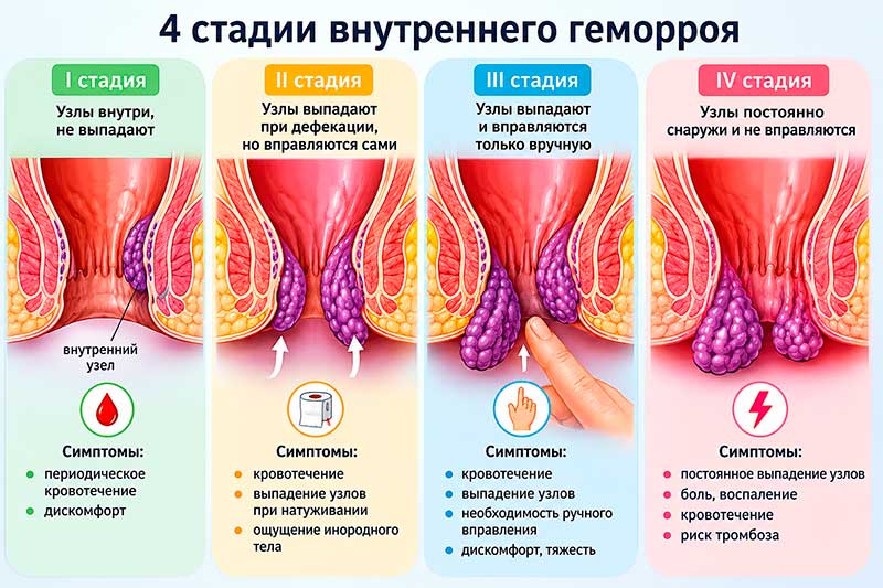 Инфографика четырех стадий внутреннего геморроя