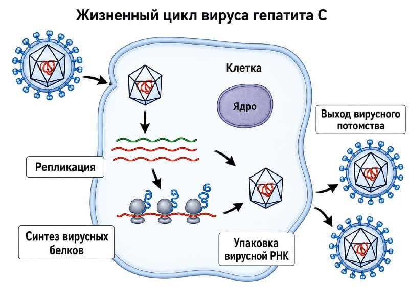 Жизненный цикл вируса гепатита C: репликация, синтез белков, упаковка РНК и выход вирусного потомства