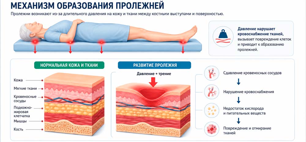 Почему образуются пролежни Механизм образования пролежней